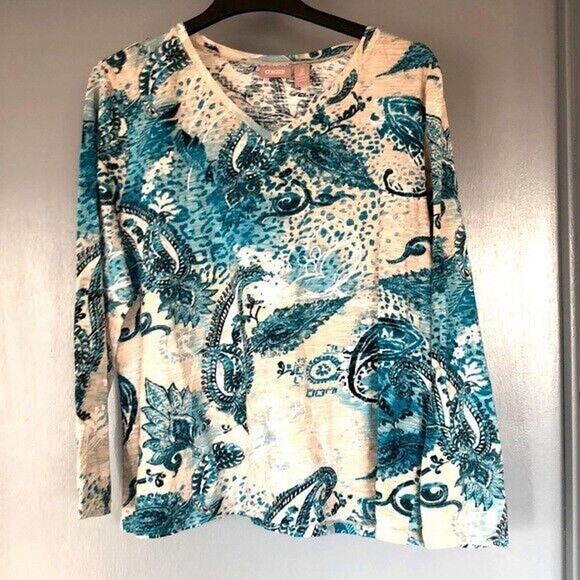 CHICOS WOMANS V Neck TOP blue paisley long sleeves SIZE 3(XL) - Picture 1 of 5